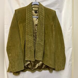 IMAN. 100% Leather Olive Green  Jacket with Embellished Collar